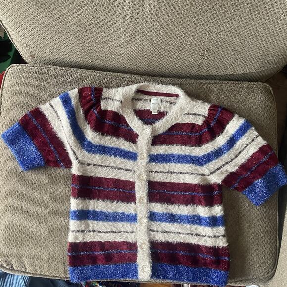 Maeve Anthropologie Short Sleeve Cardigan Sweater Womens LARGE Red Blue Sparkle - Picture 11 of 11